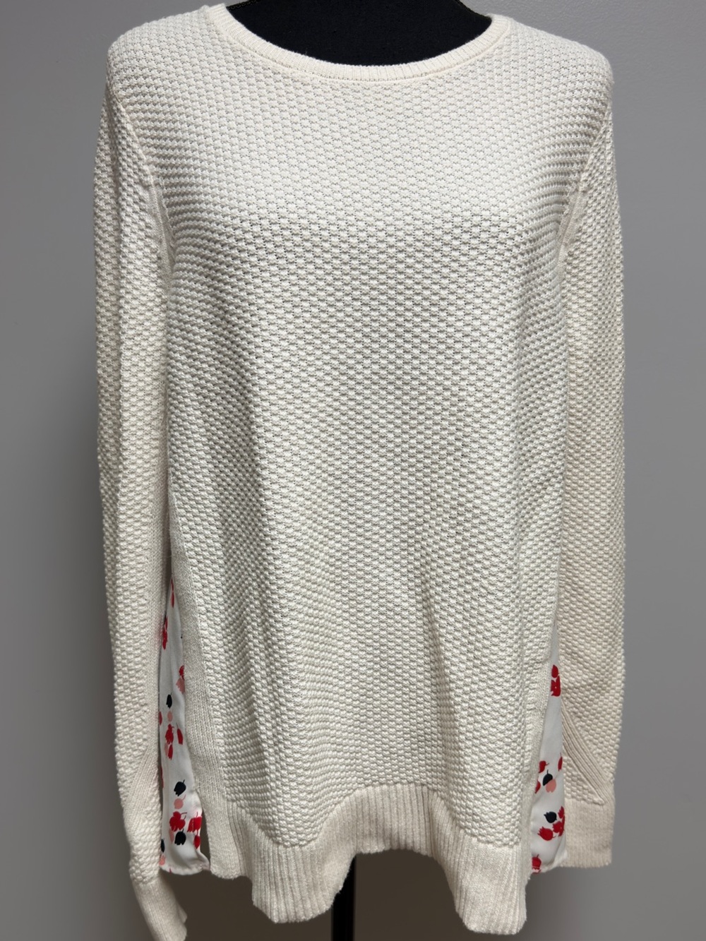 LOFT Ann Taylor Mixed Media Sweater M Ivory Textured Knit Floral Sheer Back Top